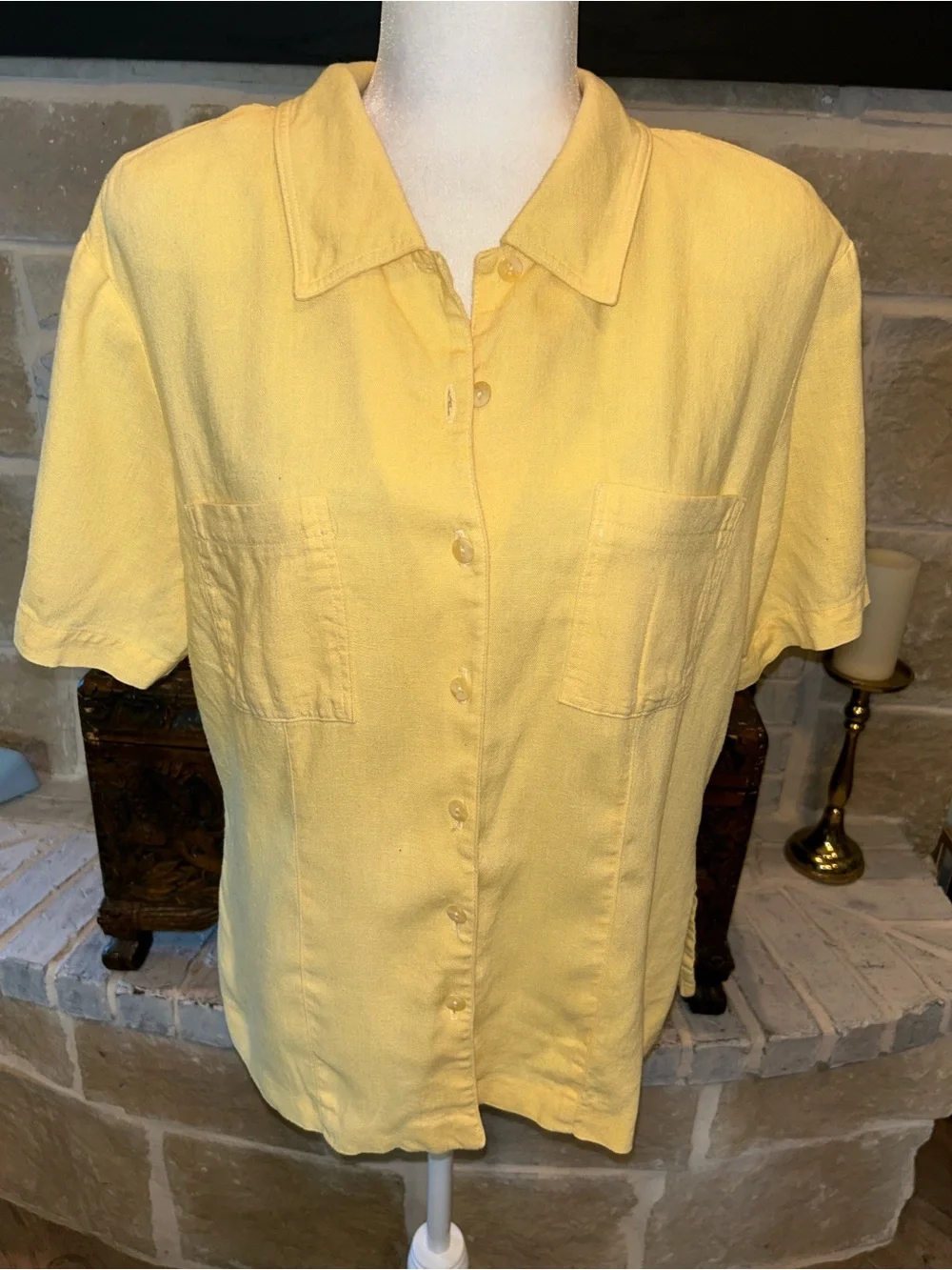 Sharon Young Sunny Yellow Short-Sleeve Linen Button-Front Shirt- Made in The USA - Picture 3 of 10